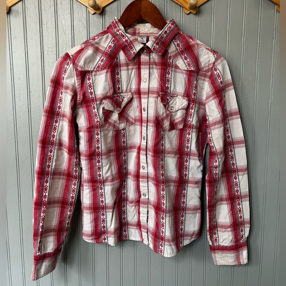 Quizz Vintage Women's Red and White Plaid Embroidered Collared  Medium Cotton